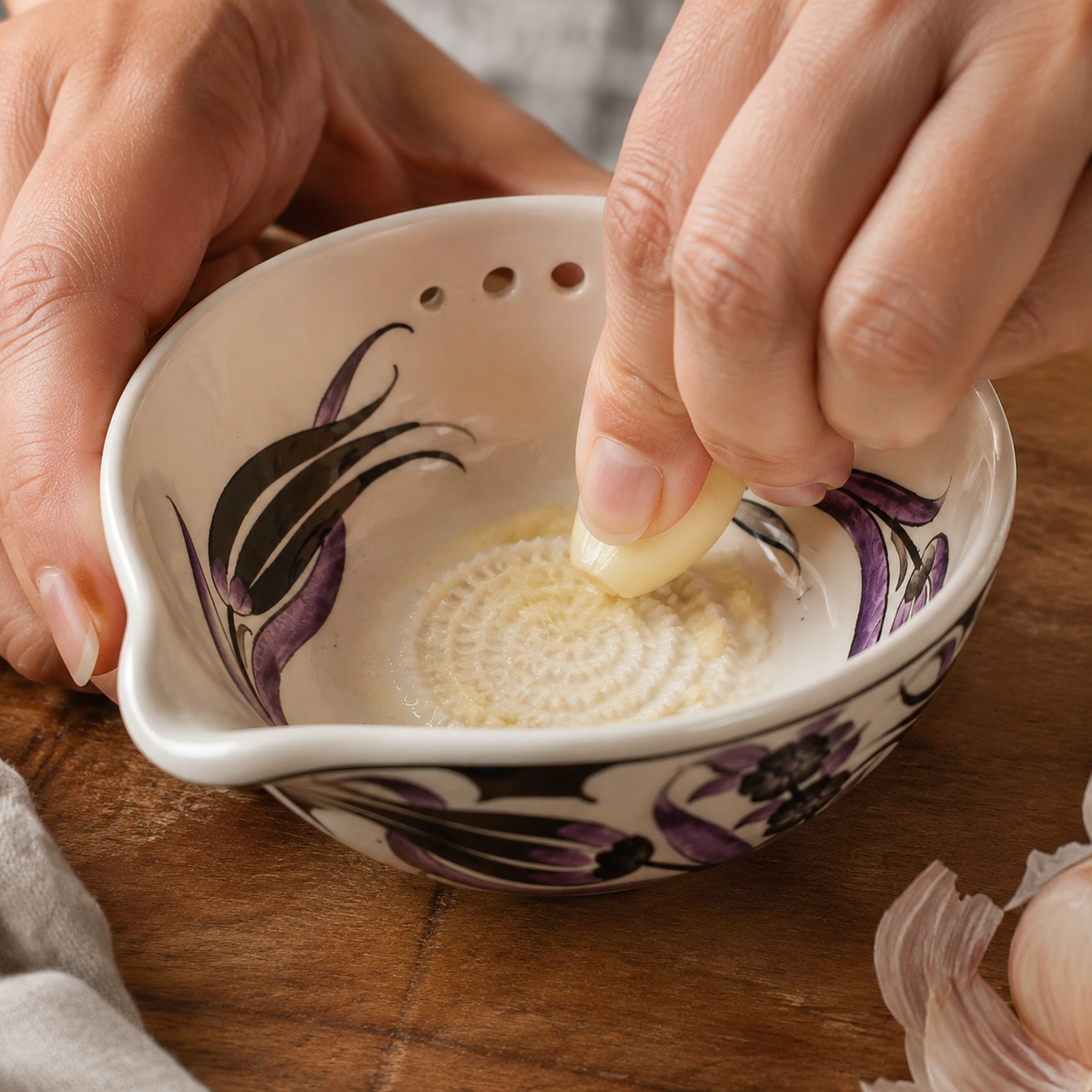 Herb Stripper Bowl & Garlic Grater  – Ceramic Ginder Bowl for Herbs, Ginger & Parmesan