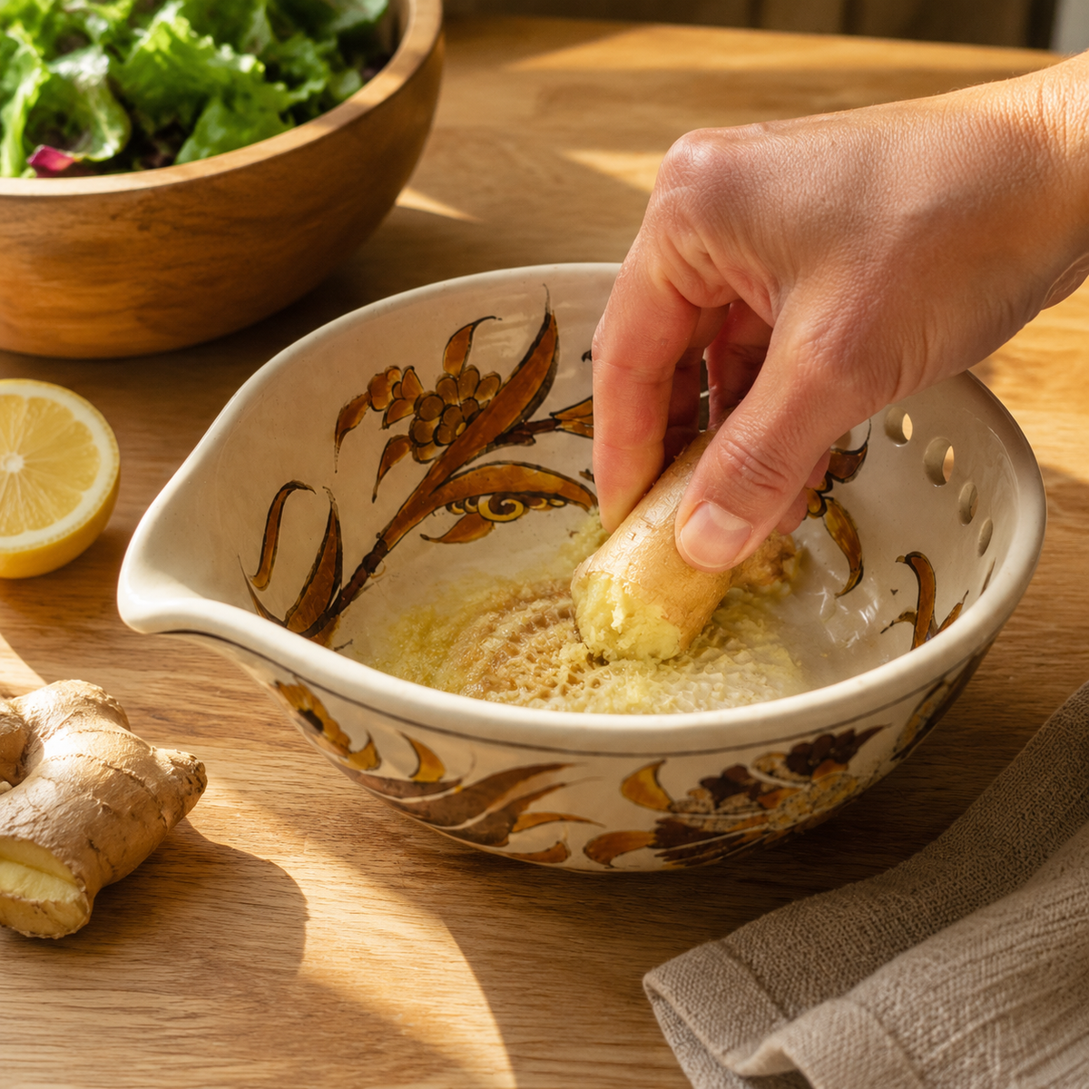 Herb Stripper Bowl & Garlic Grater  – Ceramic Ginder Bowl for Herbs, Ginger & Parmesan