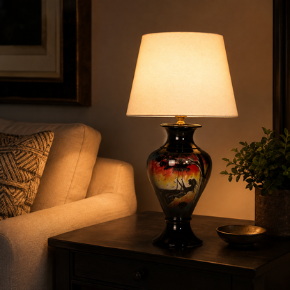 Sunset Landscape Ceramic Table Lamp, Hand-Painted Black Urn Lamp