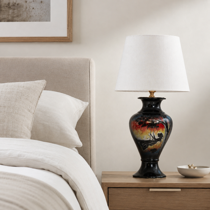 Sunset Landscape Ceramic Table Lamp, Hand-Painted Black Urn Lamp