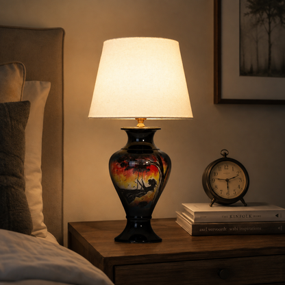 Sunset Landscape Ceramic Table Lamp, Hand-Painted Black Urn Lamp