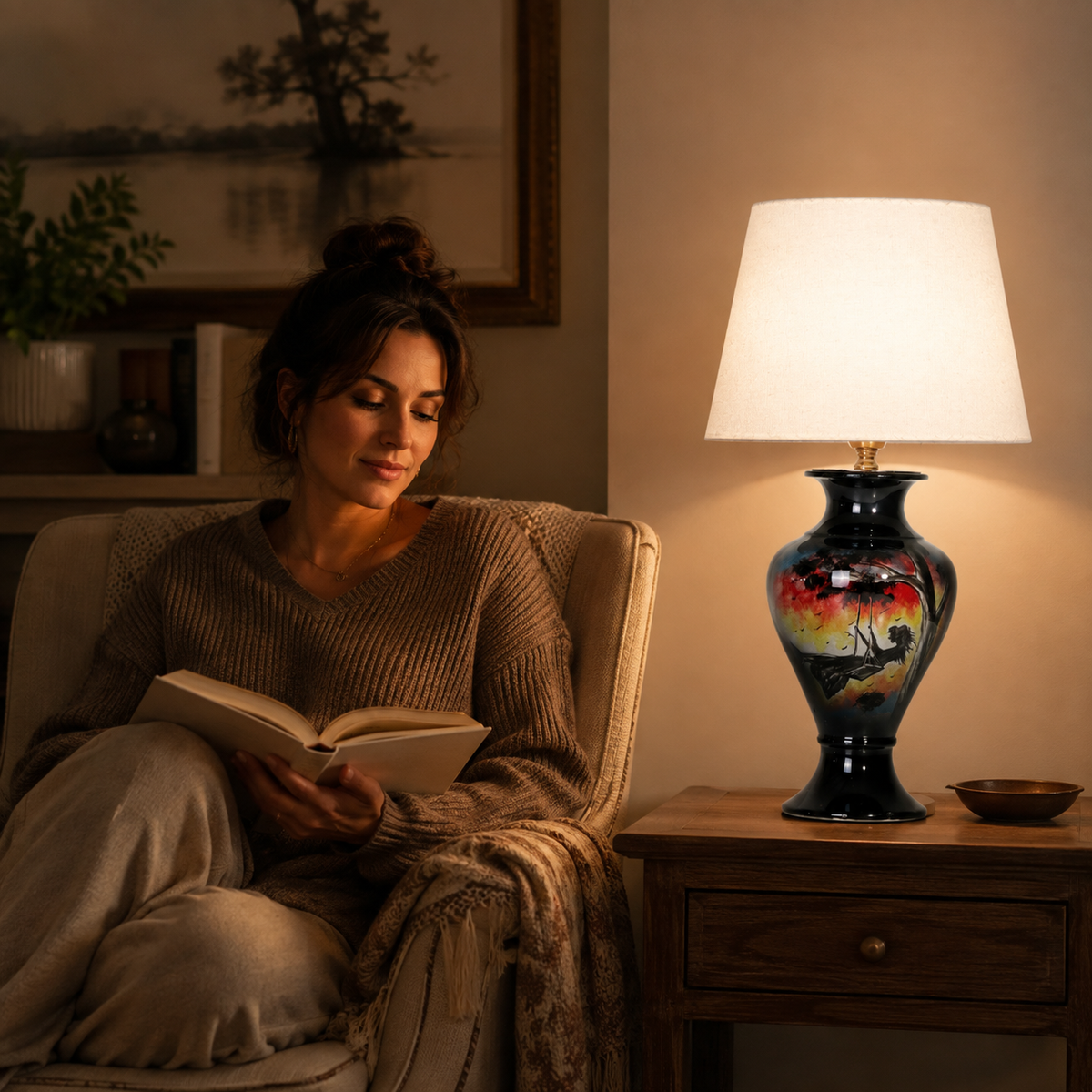 Sunset Landscape Ceramic Table Lamp, Hand-Painted Black Urn Lamp