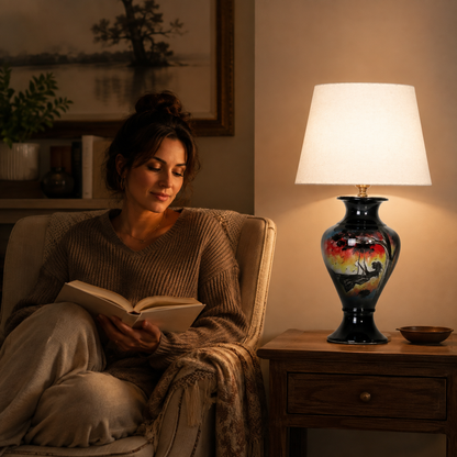 Sunset Landscape Ceramic Table Lamp, Hand-Painted Black Urn Lamp