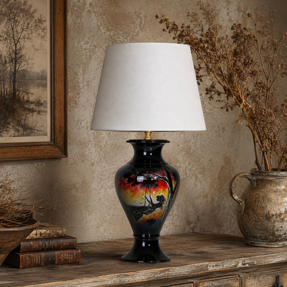 Sunset Landscape Ceramic Table Lamp, Hand-Painted Black Urn Lamp