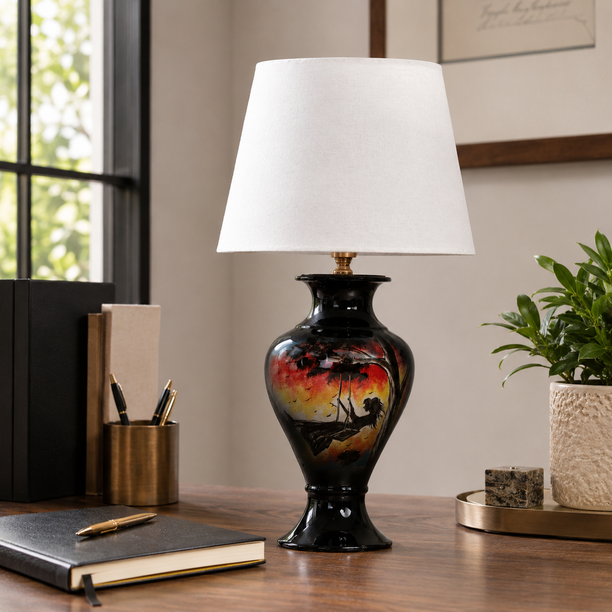 Sunset Landscape Ceramic Table Lamp, Hand-Painted Black Urn Lamp