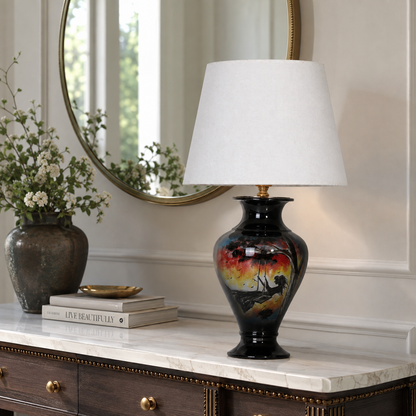 Sunset Landscape Ceramic Table Lamp, Hand-Painted Black Urn Lamp