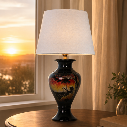 Sunset Landscape Ceramic Table Lamp, Hand-Painted Black Urn Lamp