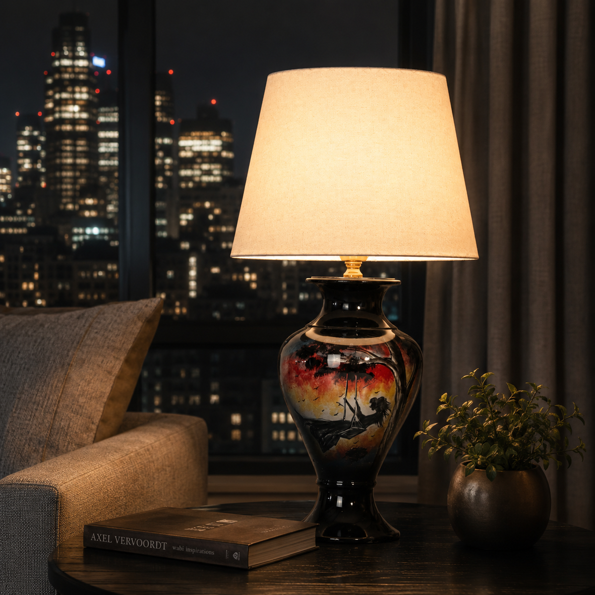 Sunset Landscape Ceramic Table Lamp, Hand-Painted Black Urn Lamp