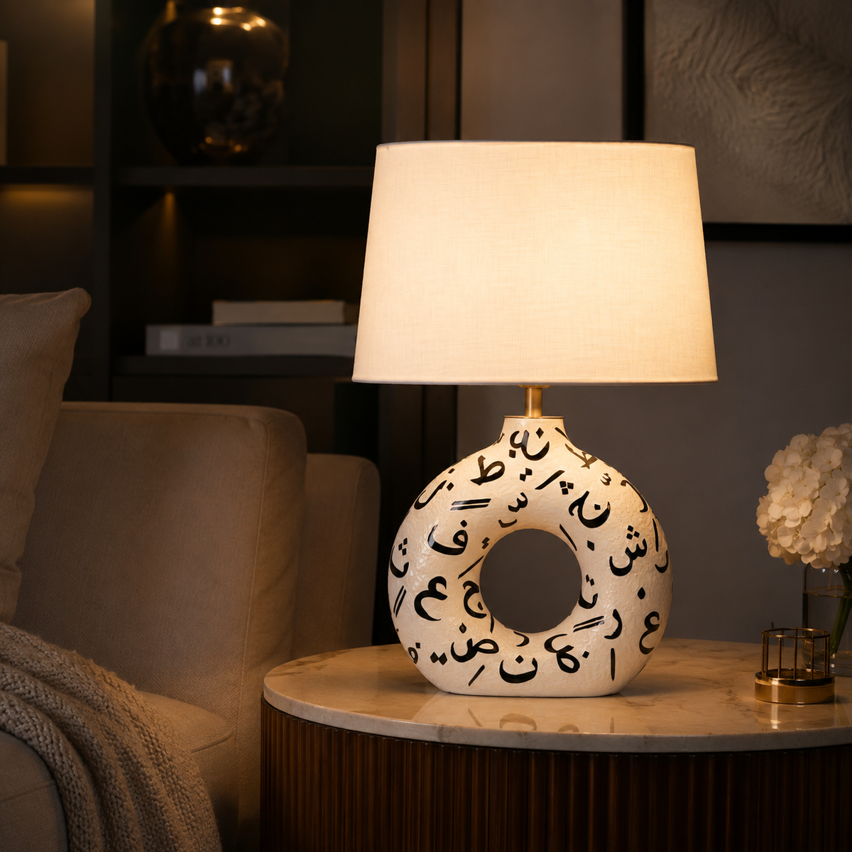 White Round Ceramic Table Lamp, Black Pattern Hand-Painted Donut Lamp