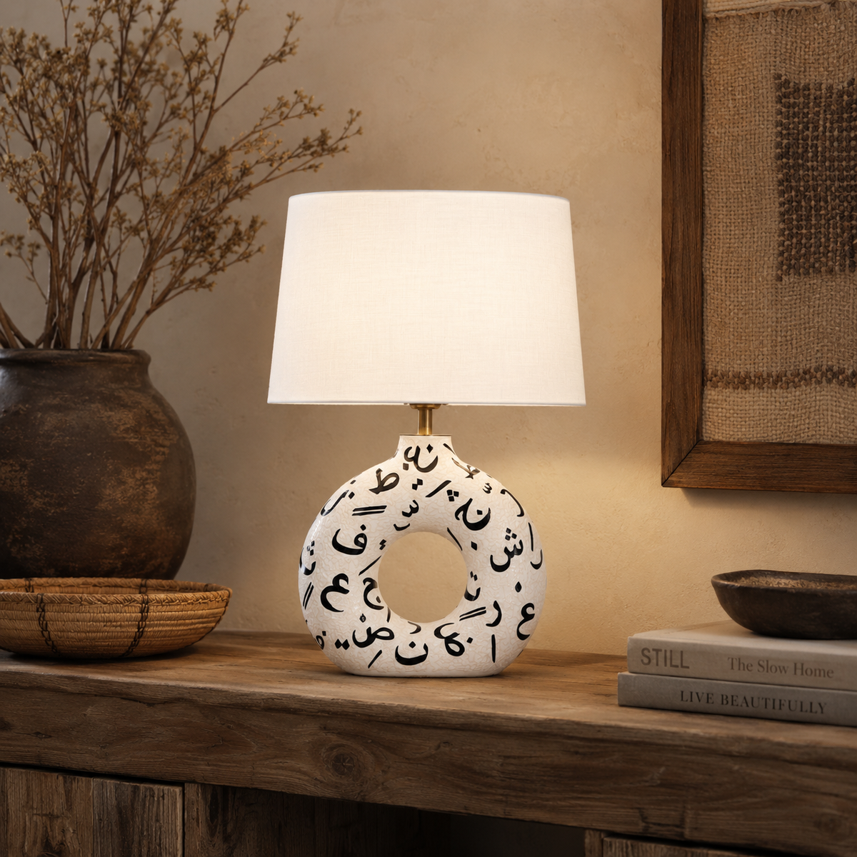 White Round Ceramic Table Lamp, Black Pattern Hand-Painted Donut Lamp