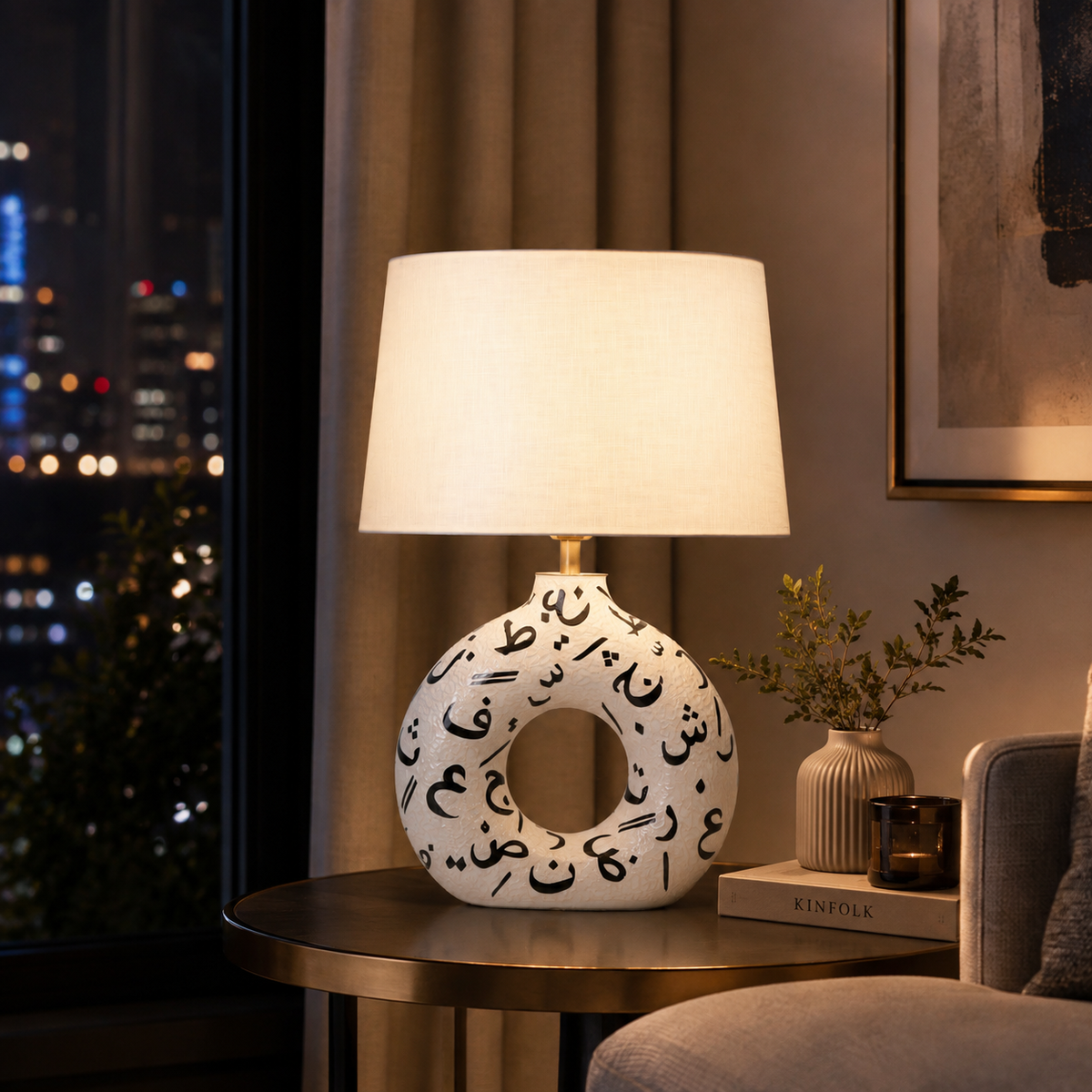 White Round Ceramic Table Lamp, Black Pattern Hand-Painted Donut Lamp