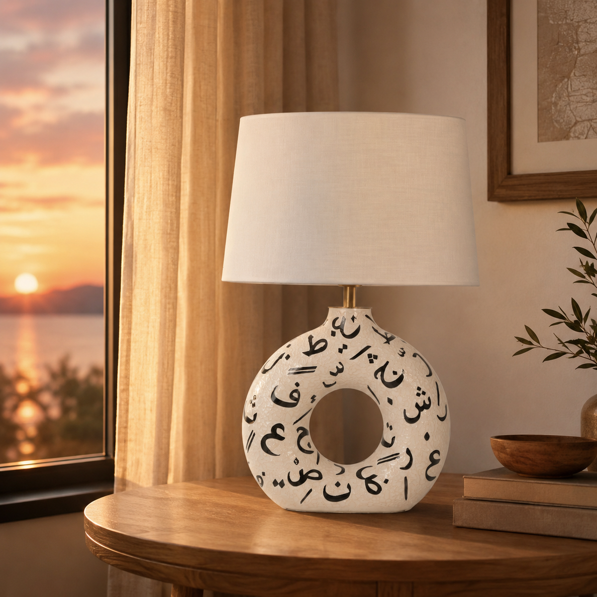 White Round Ceramic Table Lamp, Black Pattern Hand-Painted Donut Lamp