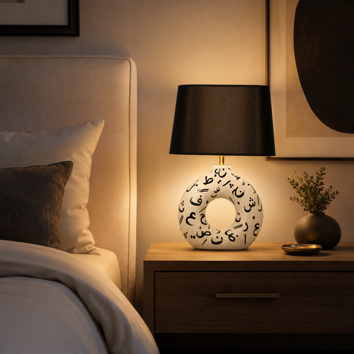 White Round Ceramic Table Lamp, Black Pattern Hand-Painted Donut Lamp