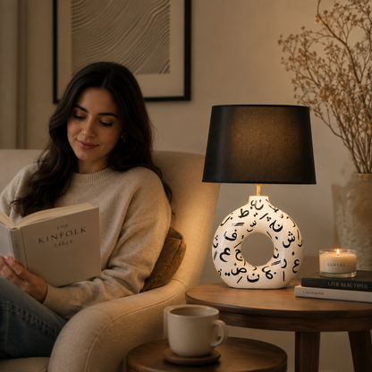 White Round Ceramic Table Lamp, Black Pattern Hand-Painted Donut Lamp