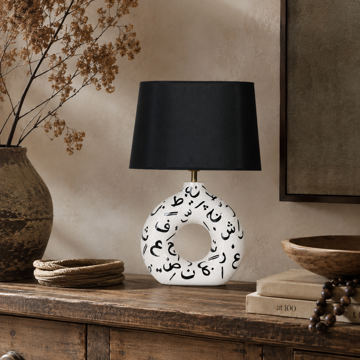 White Round Ceramic Table Lamp, Black Pattern Hand-Painted Donut Lamp