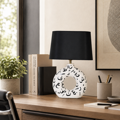 White Round Ceramic Table Lamp, Black Pattern Hand-Painted Donut Lamp