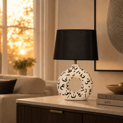 White Round Ceramic Table Lamp, Black Pattern Hand-Painted Donut Lamp