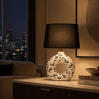 White Round Ceramic Table Lamp, Black Pattern Hand-Painted Donut Lamp