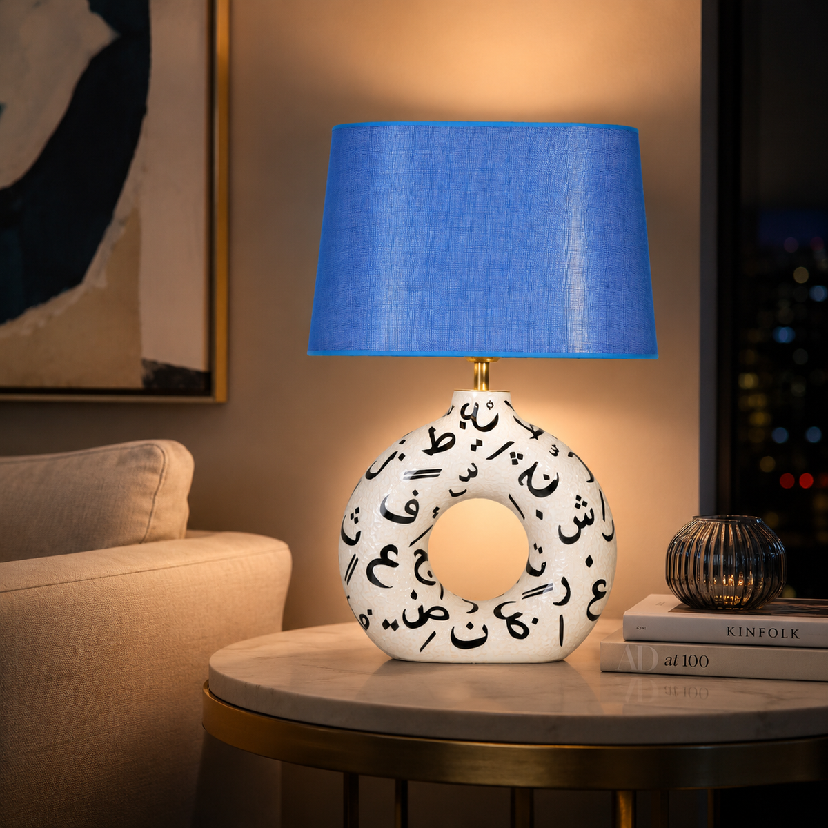 White Round Ceramic Table Lamp, Black Pattern Hand-Painted Donut Lamp