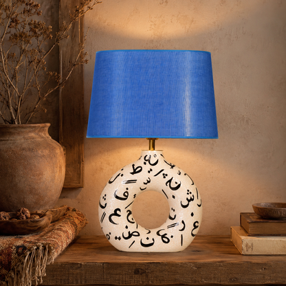 White Round Ceramic Table Lamp, Black Pattern Hand-Painted Donut Lamp