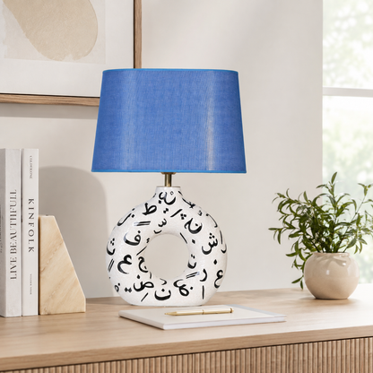 White Round Ceramic Table Lamp, Black Pattern Hand-Painted Donut Lamp