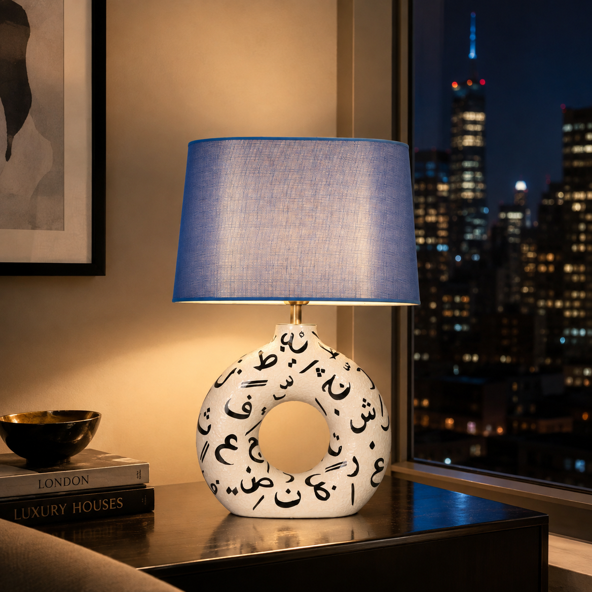 White Round Ceramic Table Lamp, Black Pattern Hand-Painted Donut Lamp