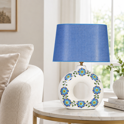 Round Ceramic Table Lamp with Turquoise Floral Medallions, Donut Lamp