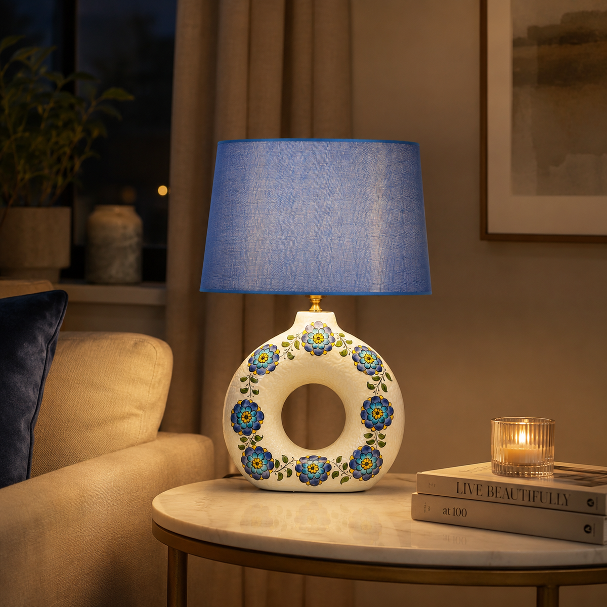 Round Ceramic Table Lamp with Turquoise Floral Medallions, Donut Lamp