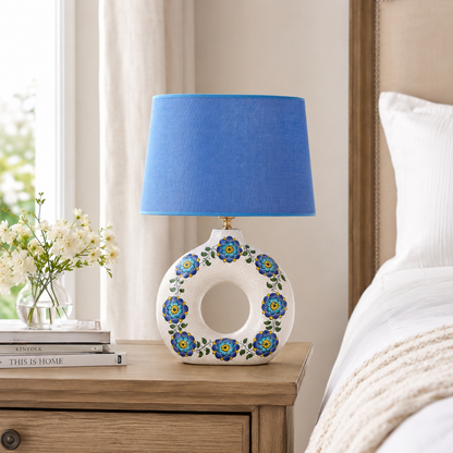 Round Ceramic Table Lamp with Turquoise Floral Medallions, Donut Lamp
