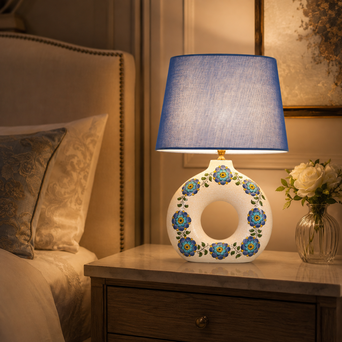 Round Ceramic Table Lamp with Turquoise Floral Medallions, Donut Lamp
