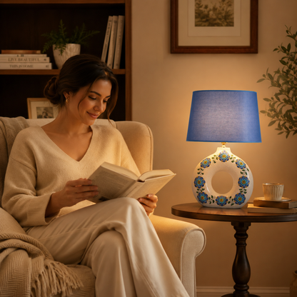 Round Ceramic Table Lamp with Turquoise Floral Medallions, Donut Lamp
