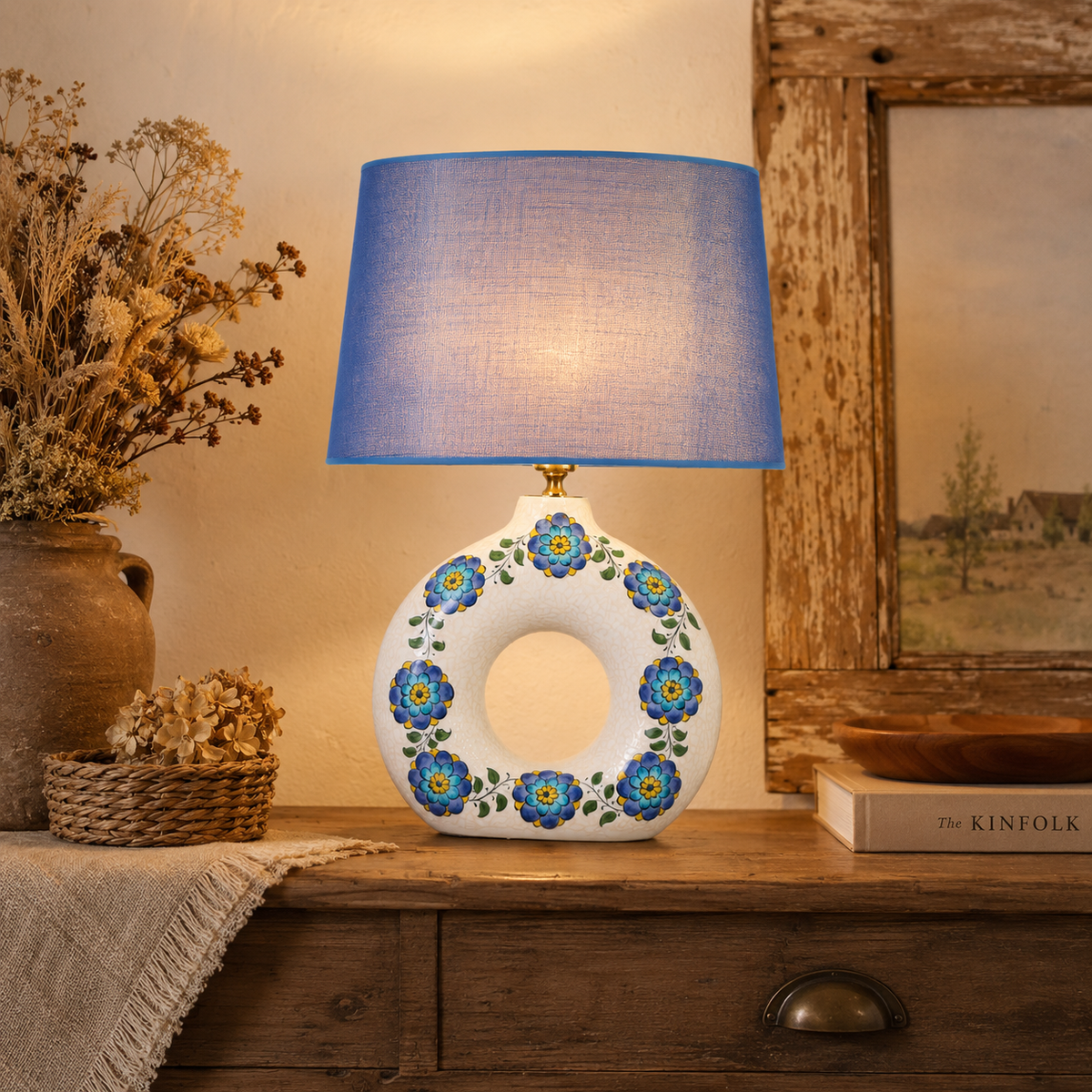 Round Ceramic Table Lamp with Turquoise Floral Medallions, Donut Lamp