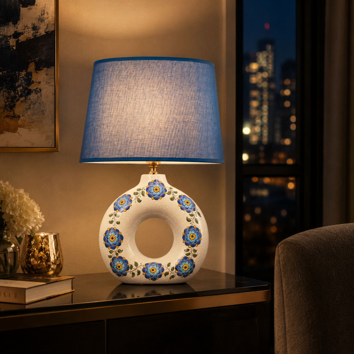 Round Ceramic Table Lamp with Turquoise Floral Medallions, Donut Lamp