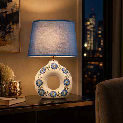 Round Ceramic Table Lamp with Turquoise Floral Medallions, Donut Lamp