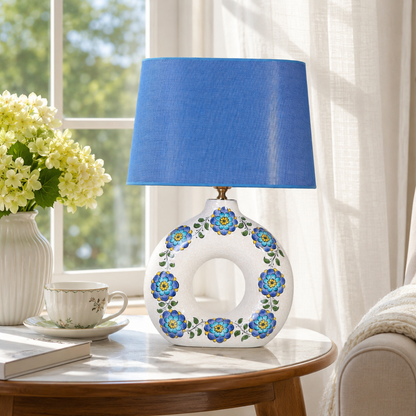 Round Ceramic Table Lamp with Turquoise Floral Medallions, Donut Lamp