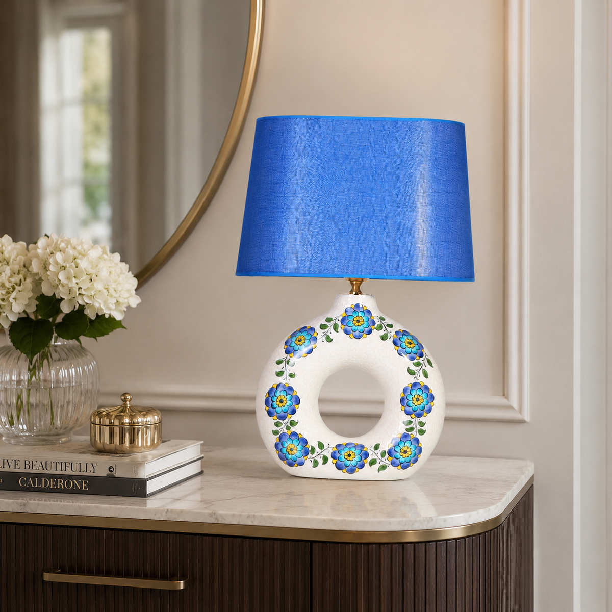 Round Ceramic Table Lamp with Turquoise Floral Medallions, Donut Lamp