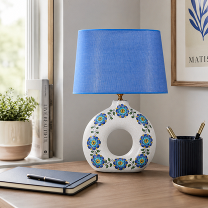Round Ceramic Table Lamp with Turquoise Floral Medallions, Donut Lamp