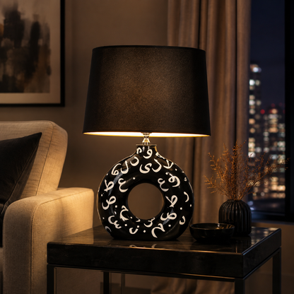 Black Round Ceramic Table Lamp, White Pattern Hand-Painted Donut Lamp