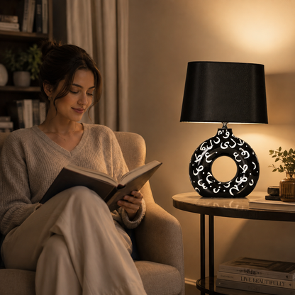Black Round Ceramic Table Lamp, White Pattern Hand-Painted Donut Lamp