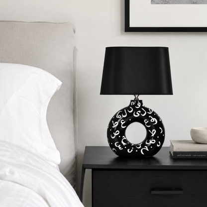 Black Round Ceramic Table Lamp, White Pattern Hand-Painted Donut Lamp