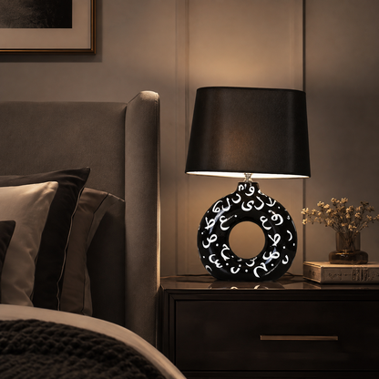 Black Round Ceramic Table Lamp, White Pattern Hand-Painted Donut Lamp