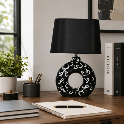 Black Round Ceramic Table Lamp, White Pattern Hand-Painted Donut Lamp