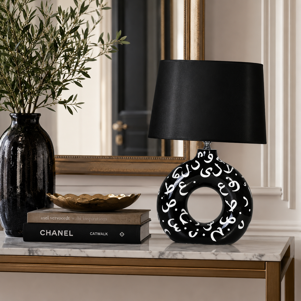 Black Round Ceramic Table Lamp, White Pattern Hand-Painted Donut Lamp