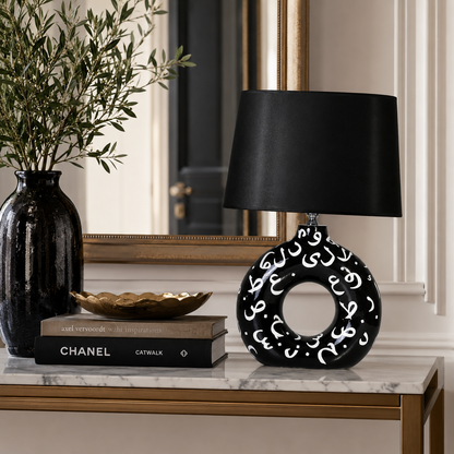 Black Round Ceramic Table Lamp, White Pattern Hand-Painted Donut Lamp