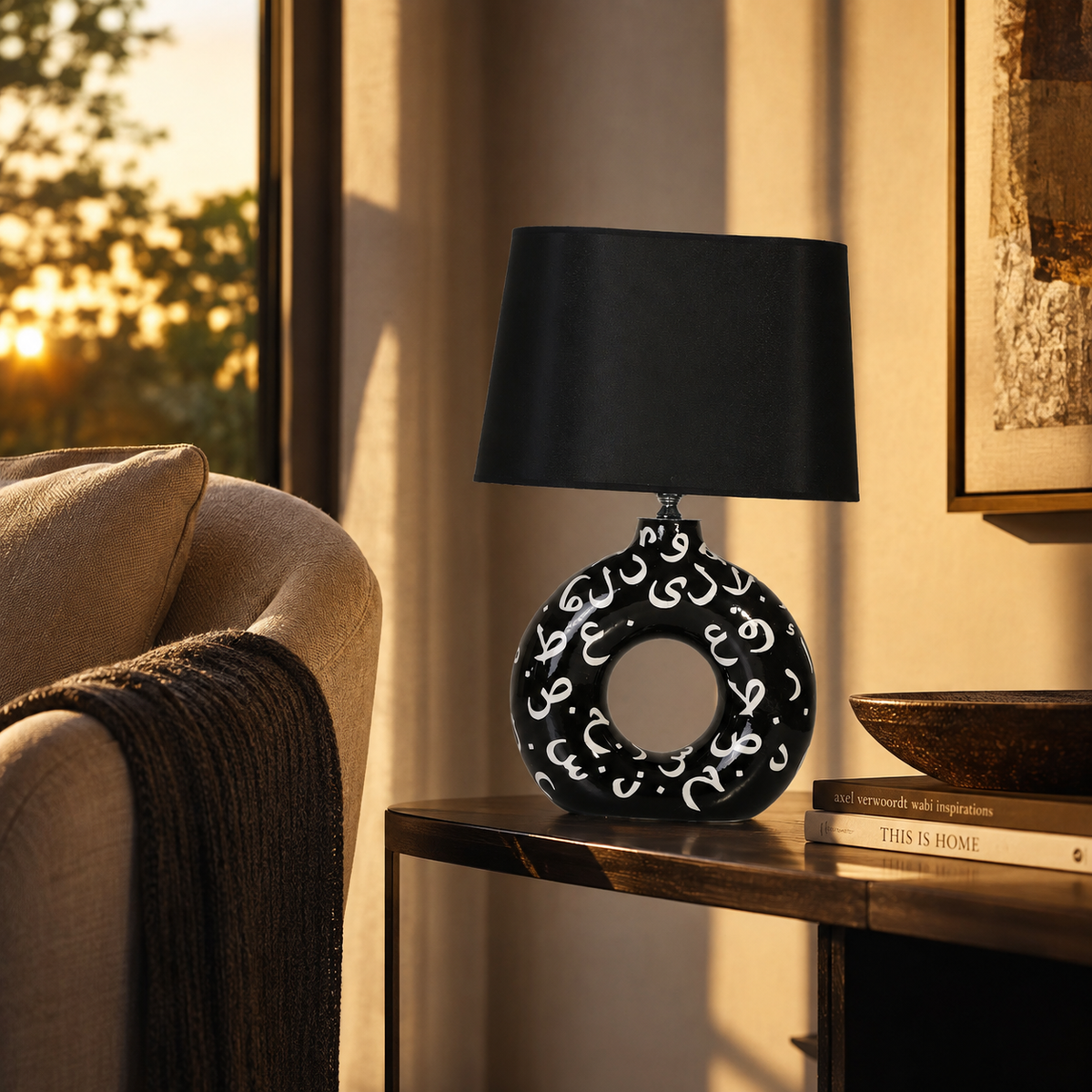 Black Round Ceramic Table Lamp, White Pattern Hand-Painted Donut Lamp