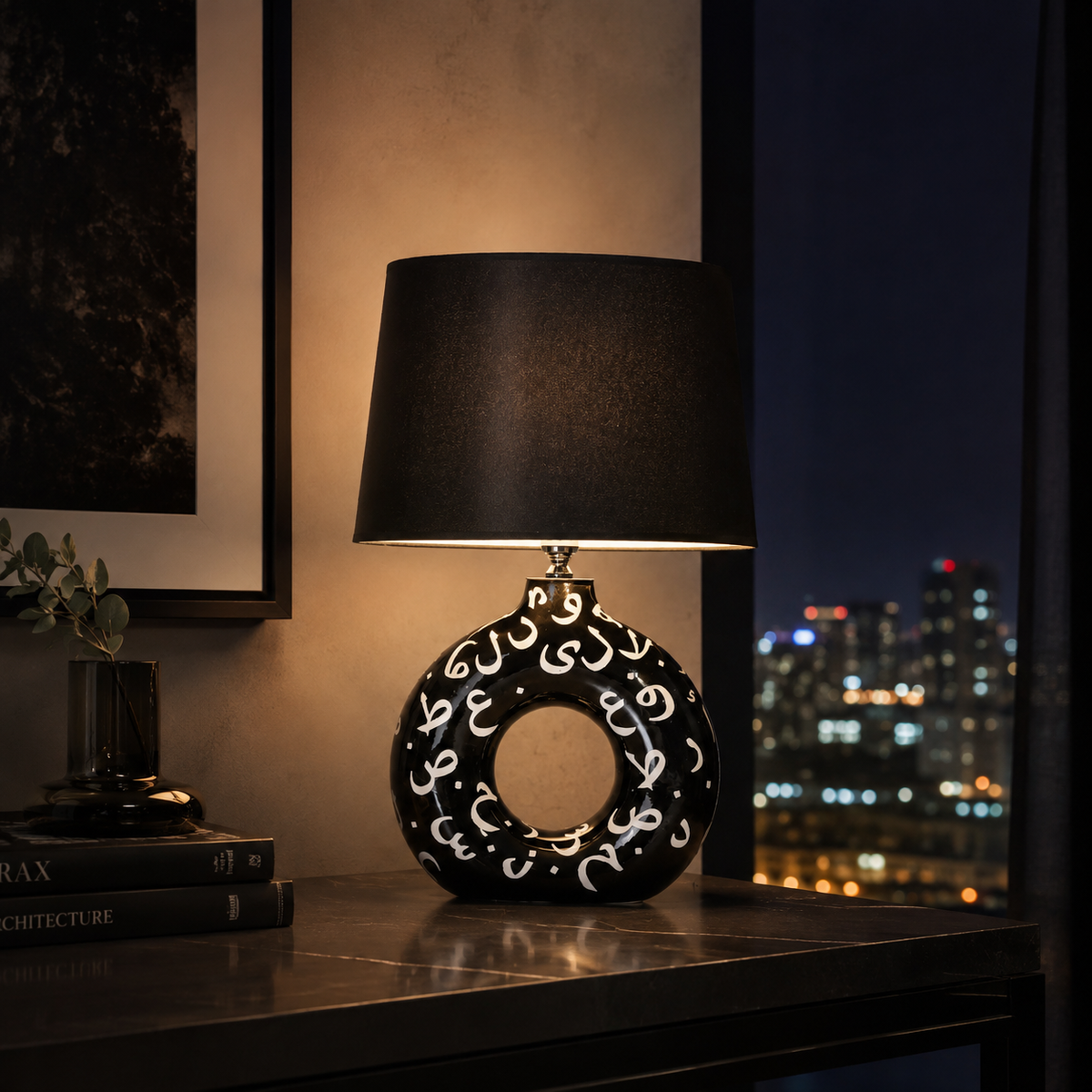 Black Round Ceramic Table Lamp, White Pattern Hand-Painted Donut Lamp