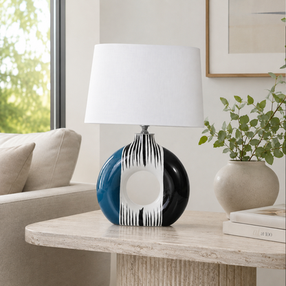 Modern Round Ceramic Table Lamp, Blue & Black Striped Donut Lamp