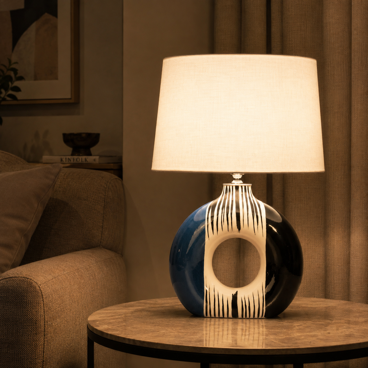 Modern Round Ceramic Table Lamp, Blue & Black Striped Donut Lamp