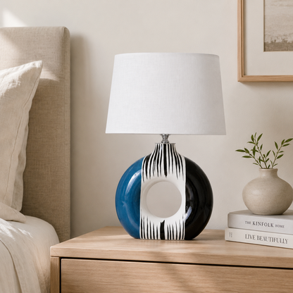 Modern Round Ceramic Table Lamp, Blue & Black Striped Donut Lamp