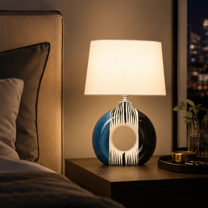 Modern Round Ceramic Table Lamp, Blue & Black Striped Donut Lamp